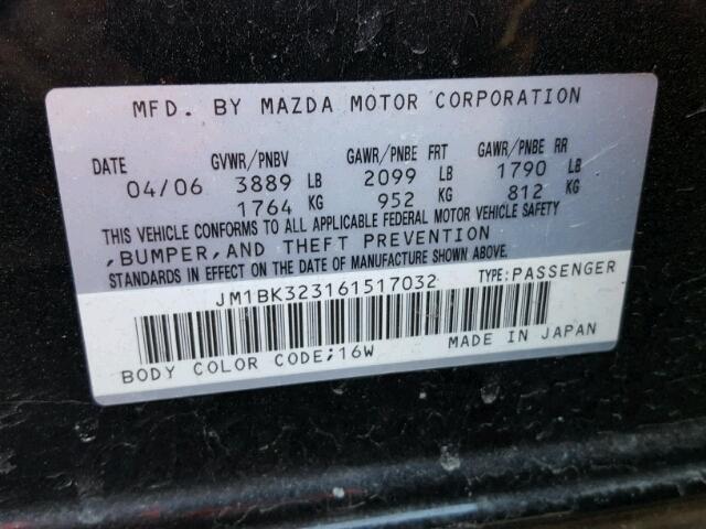 JM1BK323161517032 - 2006 MAZDA 3 S BLACK photo 10