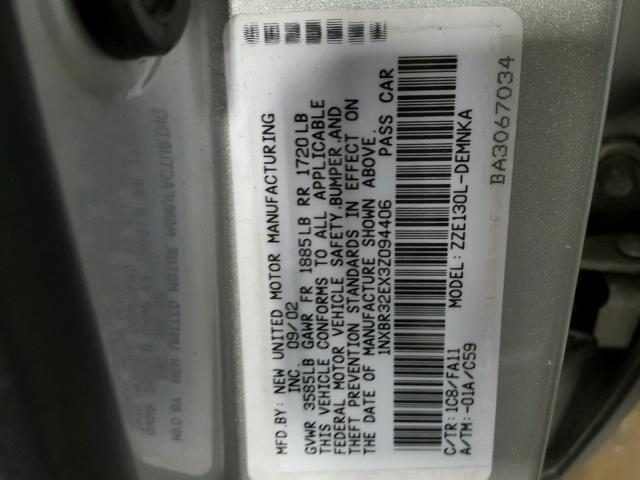 1NXBR32EX3Z094406 - 2003 TOYOTA COROLLA LE 灰色 照片 10