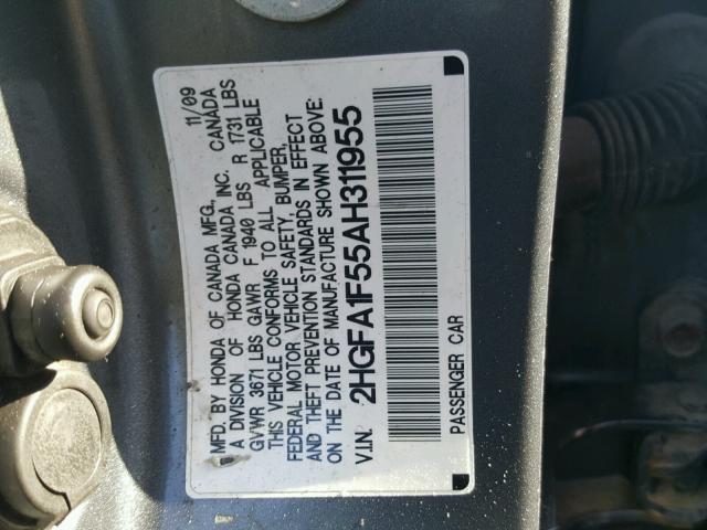 2HGFA1F55AH311955 - 2010 HONDA CIVIC LX GRAY photo 10