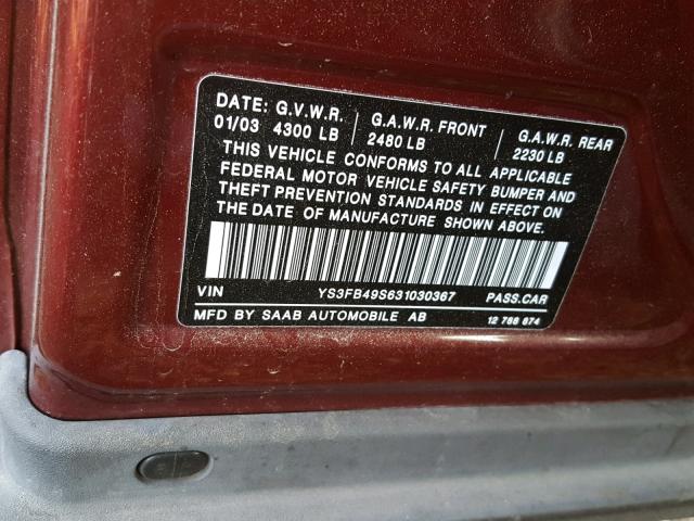 YS3FB49S631030367 - 2003 SAAB 9-3 LINEAR BURGUNDY photo 10