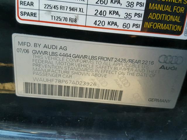 WAUHF78P67A023926 - 2007 AUDI A3 2 BLACK photo 10