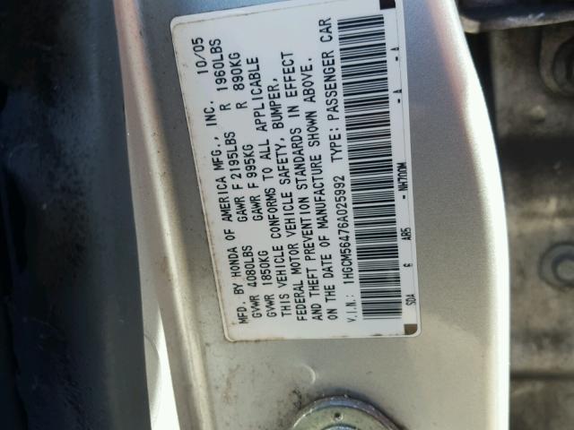 1HGCM56476A025992 - 2006 HONDA ACCORD LX SILVER photo 10