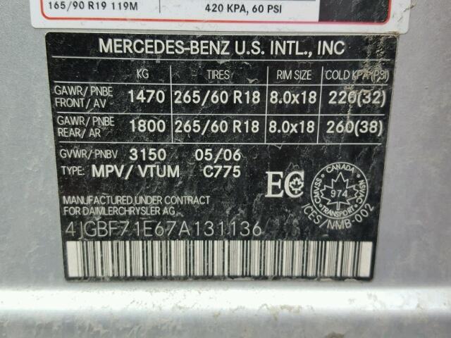 4JGBF71E67A131136 - 2007 MERCEDES-BENZ GL 450 4MA SILVER photo 10