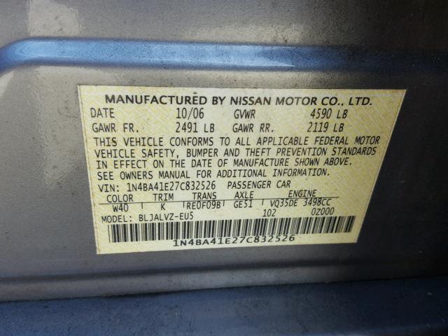 1N4BA41E27C832526 - 2007 NISSAN MAXIMA SE SILVER photo 10