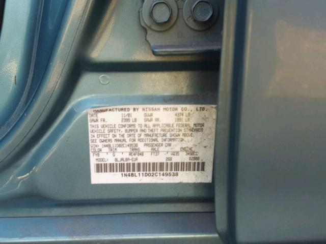 1N4BL11D02C149538 - 2002 NISSAN ALTIMA SE GREEN photo 10