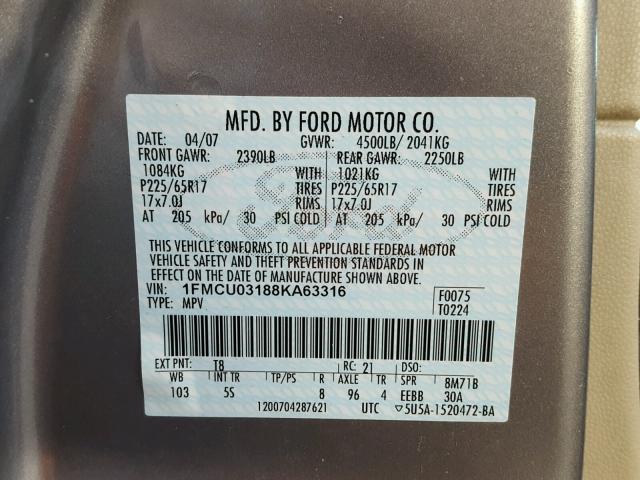 1FMCU03188KA63316 - 2008 FORD ESCAPE XLT BLUE photo 10