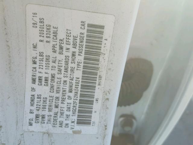 1HGCR2F52HA049824 - 2017 HONDA ACCORD SPO WHITE photo 10