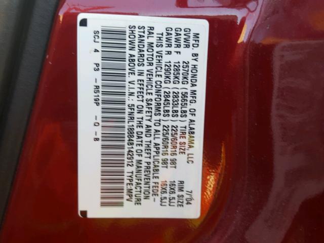 5FNRL18884B142912 - 2004 HONDA ODYSSEY EX RED photo 10