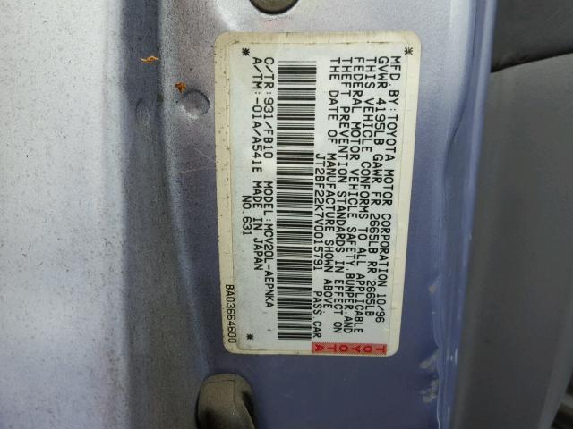 JT2BF22K7V0015791 - 1997 TOYOTA CAMRY LE BLUE photo 10