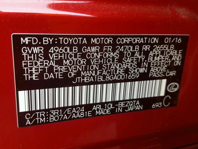 JTHBA1BL8GA001659 - 2016 LEXUS GS 200T RED photo 10