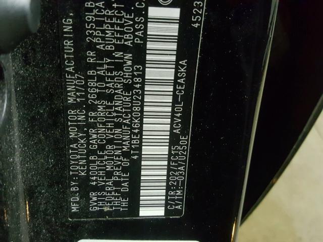 4T1BE46K08U234813 - 2008 TOYOTA CAMRY CE BLACK photo 10