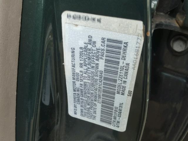 2T1BR12E81C424840 - 2001 TOYOTA COROLLA CE GREEN photo 10