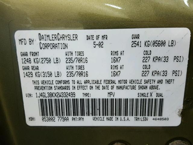 1J4GL38KX2W332499 - 2002 JEEP LIBERTY RE GREEN photo 10