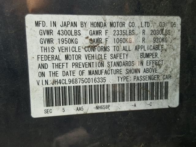 JH4CL96875C016335 - 2005 ACURA TSX CHARCOAL photo 10