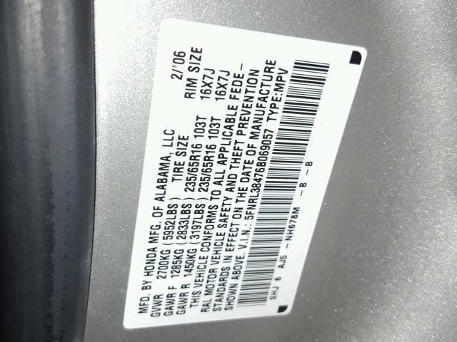 5FNRL38476B069057 - 2006 HONDA ODYSSEY EX SILVER photo 10