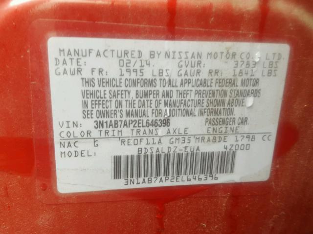 3N1AB7AP2EL646396 - 2014 NISSAN SENTRA S RED photo 10