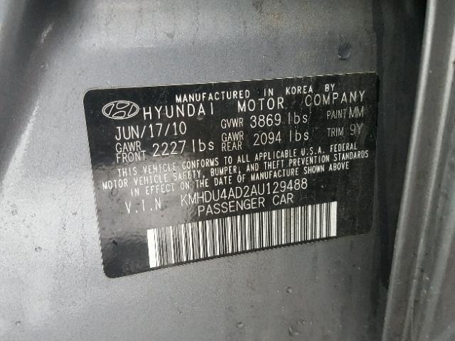 KMHDU4AD2AU129488 - 2010 HYUNDAI ELANTRA BL GRAY photo 10