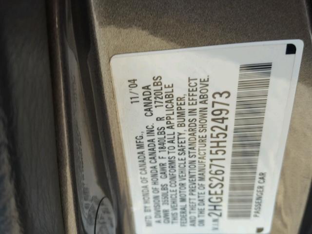 2HGES26715H524973 - 2005 HONDA CIVIC EX GRAY photo 10