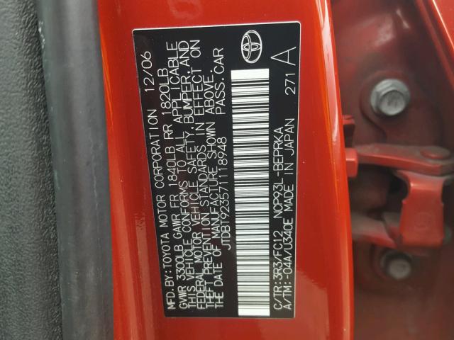 JTDBT923571118948 - 2007 TOYOTA YARIS RED photo 10