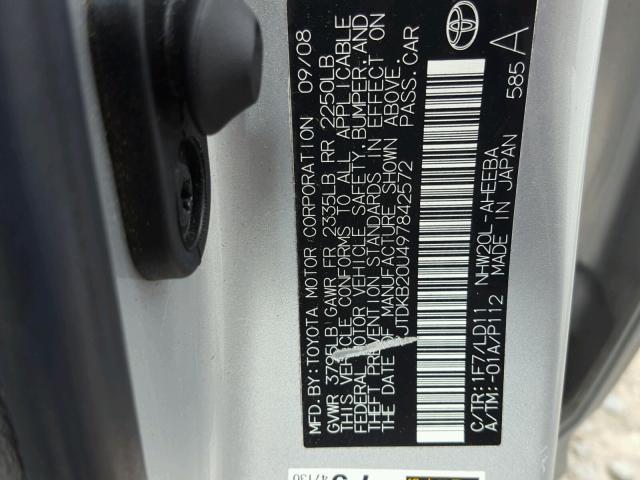 JTDKB20U497842572 - 2009 TOYOTA PRIUS SILVER photo 10