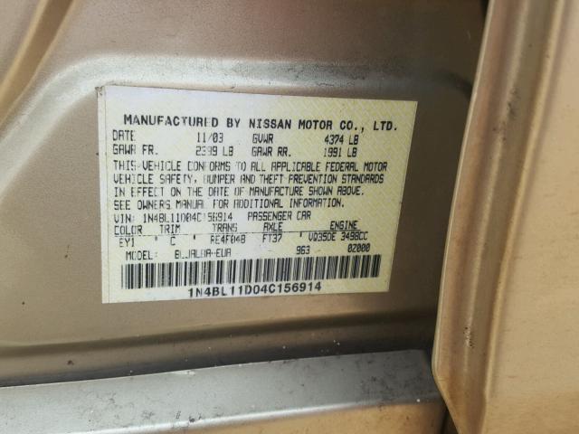 1N4BL11D04C156914 - 2004 NISSAN ALTIMA SE GOLD photo 10