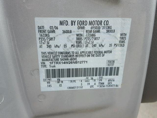 1FTRX14W26NB12771 - 2006 FORD F150 SILVER photo 10