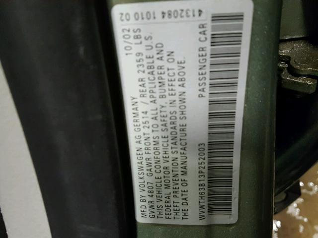 WVWTH63B13P252003 - 2003 VOLKSWAGEN PASSAT GLX 绿色 照片 10
