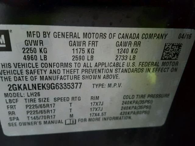 2GKALNEK9G6335377 - 2016 GMC TERRAIN SL BLUE photo 10