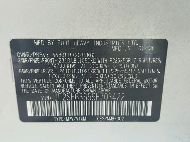 JF2SH63659H703422 - 2009 SUBARU FORESTER 2 WHITE photo 10