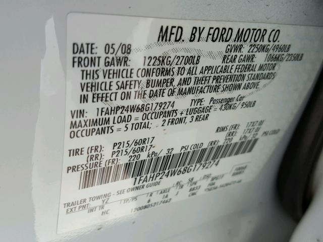 1FAHP24W68G179274 - 2008 FORD TAURUS SEL WHITE photo 10