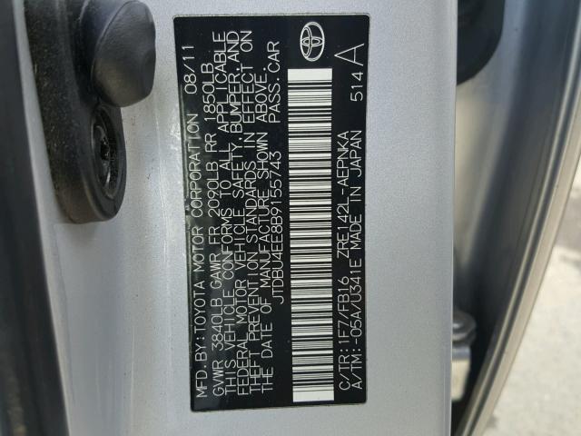 JTDBU4EE8B9155743 - 2011 TOYOTA COROLLA BA SILVER photo 10