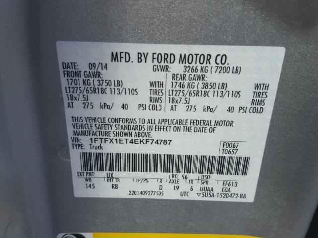 1FTFX1ET4EKF74787 - 2014 FORD F150 SUPER SILVER photo 10