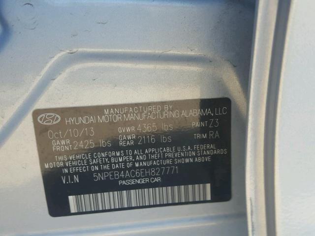 5NPEB4AC6EH827771 - 2014 HYUNDAI SONATA GLS SILVER photo 10