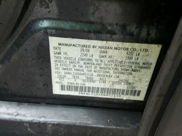 1N4AL11D16N452110 - 2006 NISSAN ALTIMA S GRAY photo 10