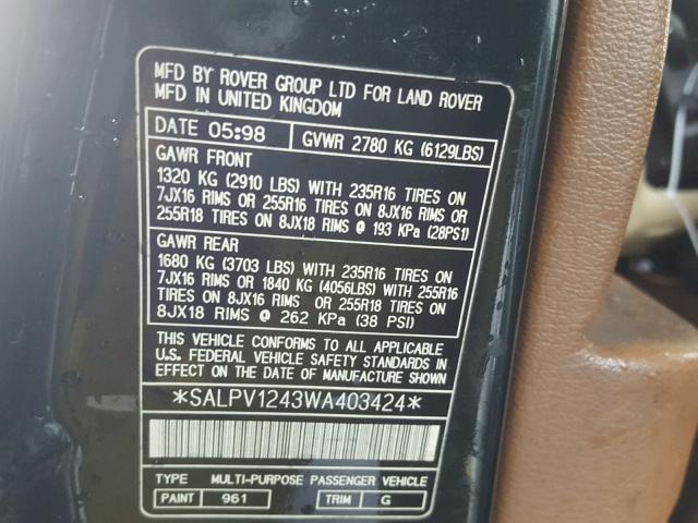 SALPV1243WA403424 - 1998 LAND ROVER RANGE ROVE GREEN photo 10