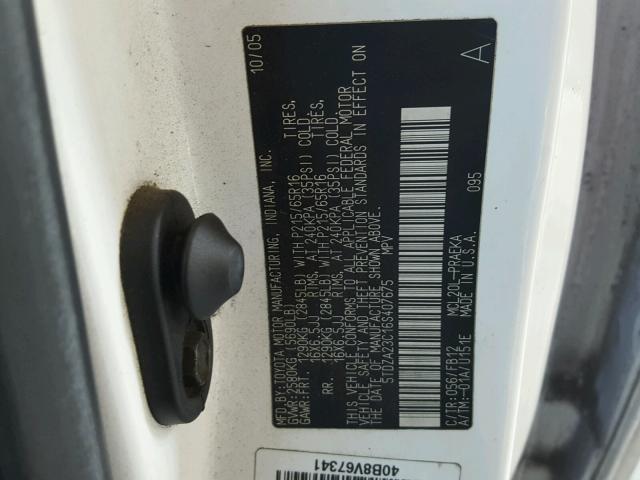 5TDZA23C16S407675 - 2006 TOYOTA SIENNA CE WHITE photo 10