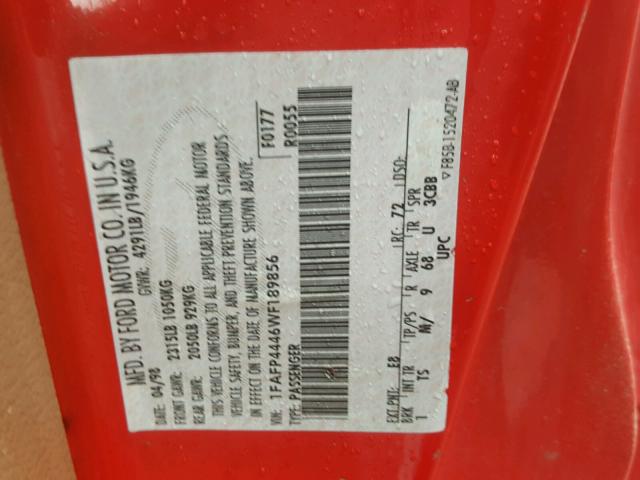 1FAFP4446WF189856 - 1998 FORD MUSTANG RED photo 10