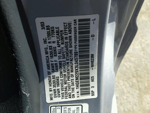 1HGEM229X3L045789 - 2003 HONDA CIVIC EX ვერცხლისფერი ფოტო 10