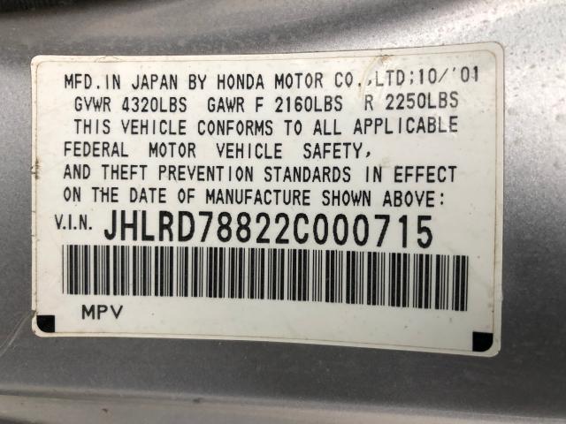 JHLRD78822C000715 - 2002 HONDA CR-V EX SILVER photo 10