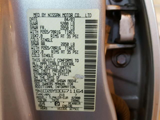 5N1ED28Y93C671164 - 2003 NISSAN XTERRA XE SILVER photo 10