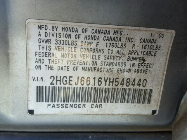 2HGEJ6616YH548440 - 2000 HONDA CIVIC BASE SILVER photo 10