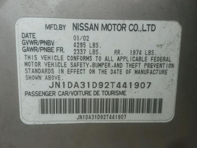 JN1DA31D92T441907 - 2002 NISSAN MAXIMA GLE GRAY photo 10