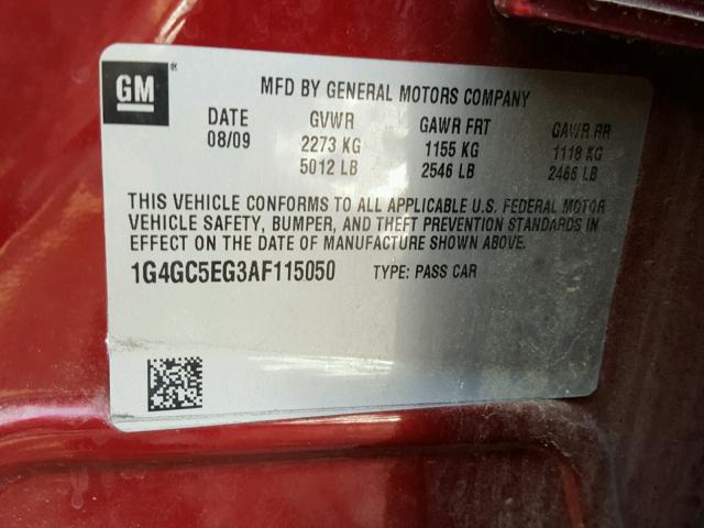 1G4GC5EG3AF115050 - 2010 BUICK LACROSSE C RED photo 10