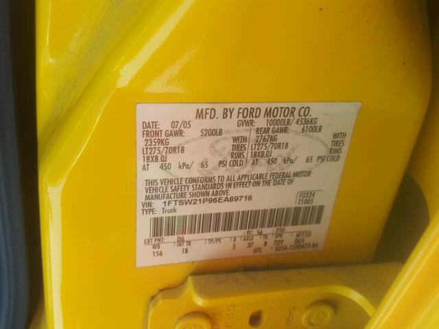 1FTSW21P96EA69716 - 2006 FORD F250 SUPER YELLOW photo 10