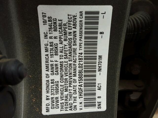 1HGFA15808L021874 - 2008 HONDA CIVIC EX GRAY photo 10