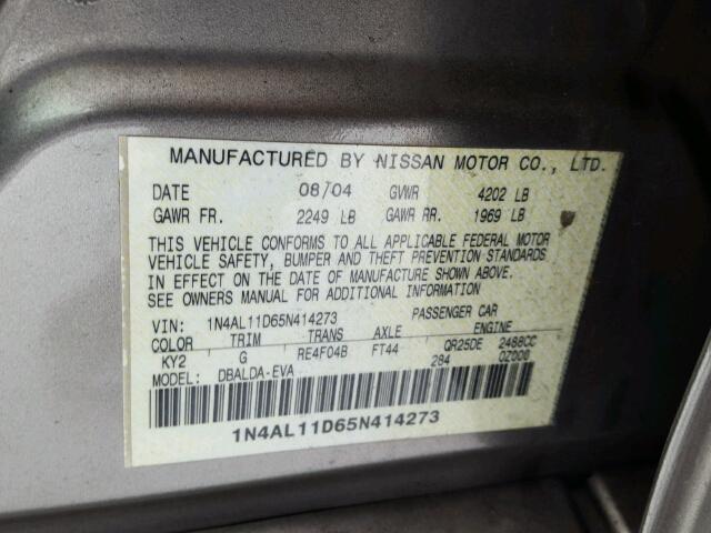 1N4AL11D65N414273 - 2005 NISSAN ALTIMA S BEIGE photo 10