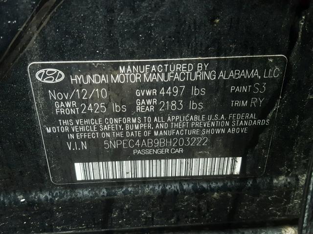 5NPEC4AB9BH203222 - 2011 HYUNDAI SONATA SE BLACK photo 10