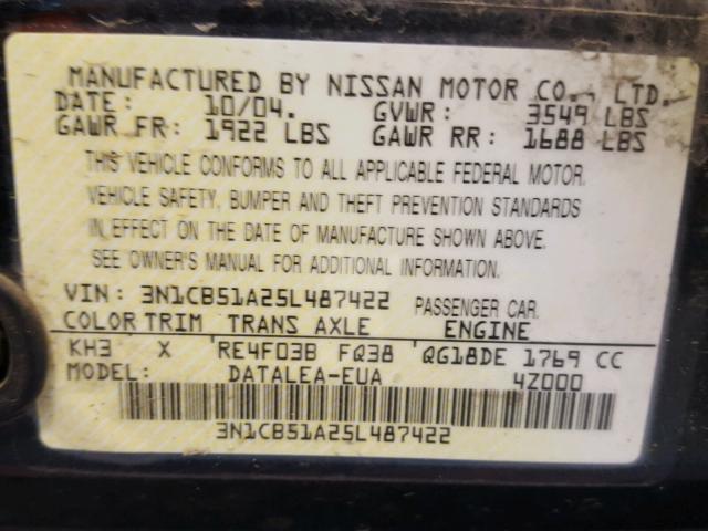 3N1CB51A25L487422 - 2005 NISSAN SENTRA 1.8 BLACK photo 10