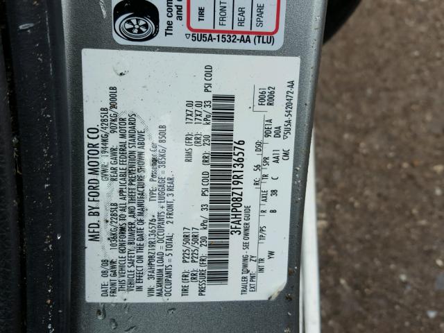 3FAHP08Z19R136576 - 2009 FORD FUSION SEL SILVER photo 10