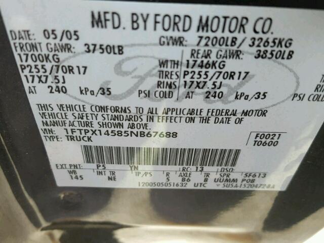 1FTPX14585NB67688 - 2005 FORD F150 GREEN photo 10